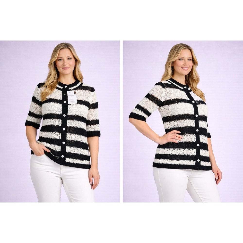 Solitaire Womens Crochet Cardigan‎ Black White Striped Button Front Boho Large